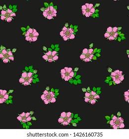 Seamless floral pattern. On a black background there are a variety of flowers, buds and rosehip leaves. Vector graphics.