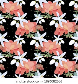 Seamless floral pattern on a black background, for women's and children's . 