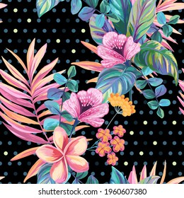 Seamless floral pattern on a black background with polka dots. Vector drawing imitation oil painting.