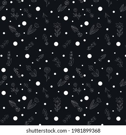 Seamless floral pattern on a black background. Texture from abstract flowers. Boho pattern. Doodle ornament. Linear illustration. Pattern for printing on clothes, for interior design and printing.