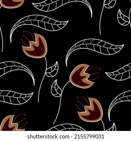 Patrón floral sin brillo sobre un fondo negro. Fondo del vector dibujado a mano con flores.