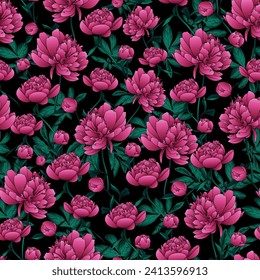 seamless floral pattern on black background. vector seamless pattern with pink peony flowers. seamless floral background of peonies 