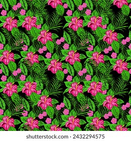 seamless floral pattern on black background, vector