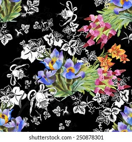 Seamless floral pattern on black background vector illustration