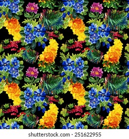 Seamless floral pattern on black background with colorful garden flowers vector illustration