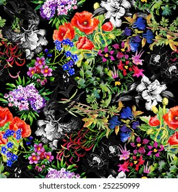 Seamless floral pattern on black background background with poppy and iris flowers vector illustration