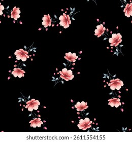 A seamless floral pattern on a black background. Small, delicate, light colored flowers are arranged in bouquets or clusters. Each flower has several petals and a slightly darker color center.