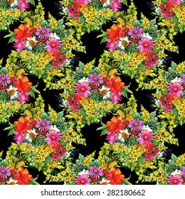 Seamless floral pattern on black background with watercolor summer garden flowers vector illustration