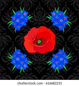 Seamless Floral Pattern on a black background. Vector poppy flowers seamless pattern.