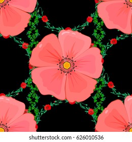 Seamless floral pattern on a black background with motley cosmos flowers. Vector illustration.