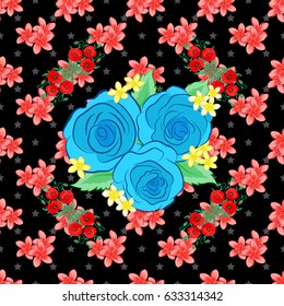 Seamless floral pattern on a black background with motley rose flowers and green leaves. Vector illustration.