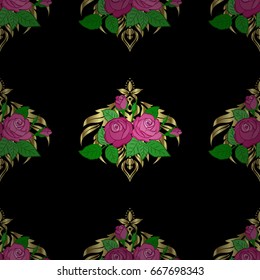 Seamless Floral Pattern on a black background. Vector rose flowers and green leaves seamless pattern.