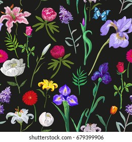 Seamless floral pattern on black background