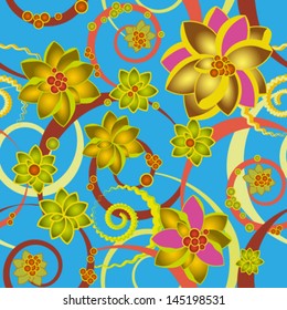 Seamless floral pattern on blue background.