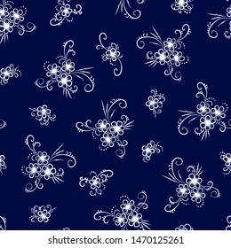 Seamless floral pattern. On a blue background, white silhouettes of stylized flowers. Print for textiles. Vector illustration.