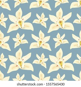 Seamless floral pattern on a blue background. Delicate orchid flower. Wallpaper, print, wrapping paper, modern textile design, banner, poster. Vector illustration.
