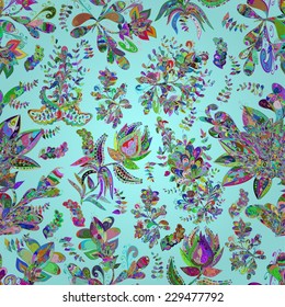 Seamless floral pattern on blue background. Vector illustration. 