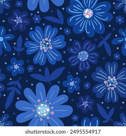 Seamless floral pattern on blue background. Doodle style. Flat design. For fabric design, wallpaper, backgrounds, prints, scrapbooking etc. Vector
