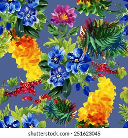 Seamless floral pattern on blue background with colorful garden flowers vector illustration