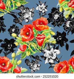 Seamless floral pattern on blue background with poppy and iris flowers vector illustration