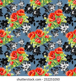 Seamless floral pattern on blue background with poppy and iris flowers vector illustration