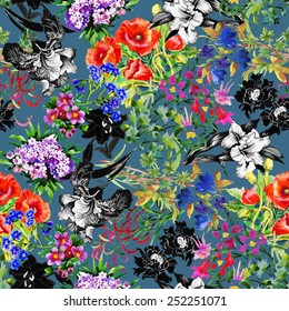 Seamless floral pattern on blue background background with poppy and iris flowers vector illustration