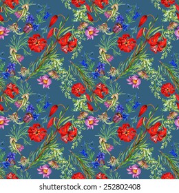Seamless floral pattern on blue background with meadow flowers vector illustration