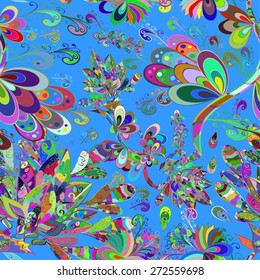 Seamless floral pattern on blue background. Vector illustration.