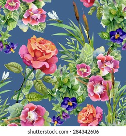 Seamless floral pattern on blue background with watercolor summer garden flowers, reeds and roses vector illustration