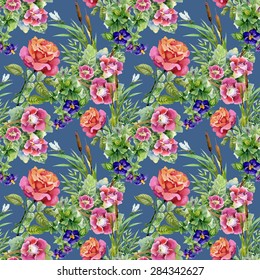 Seamless floral pattern on blue background with watercolor summer garden flowers, reeds and roses vector illustration