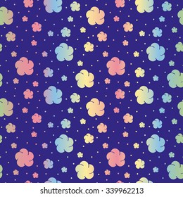 Seamless floral pattern on blue background. Gradient flowers and dots. Romantic scrapbook.