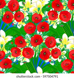 Seamless floral pattern on a blue background with motley poppy flowers. Vector illustration.