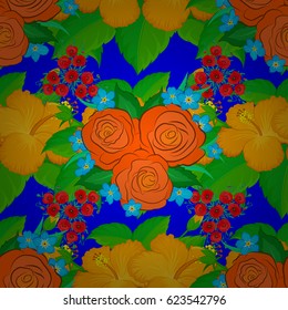 Seamless floral pattern on a blue background with motley rose flowers and green leaves. Vector illustration.