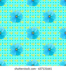 Seamless floral pattern on a blue background with motley cosmos flowers. Vector illustration.