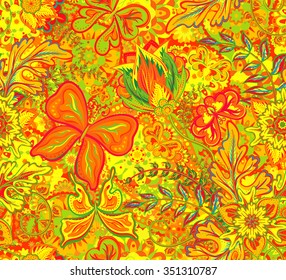 Seamless floral pattern on bright background with colorful fantasy hand draw flowers. Vector illustration