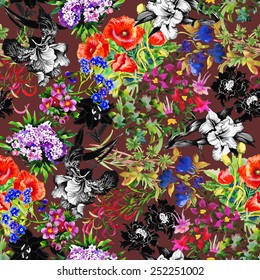 Seamless floral pattern on brown background background with poppy and iris flowers vector illustration