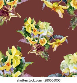 Seamless floral pattern on brown background with summer garden flowers vector illustration