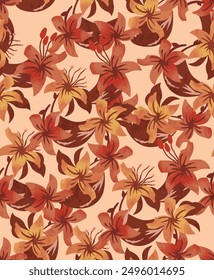Seamless floral pattern on cream color background. Abstract autumn flower background. Floral seamless texture with orange flowers.