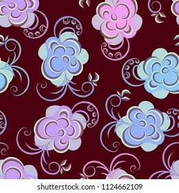Seamless floral pattern on dark burgundy contrasting background with decorative fantasy flowers