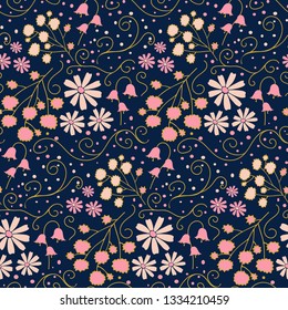 Seamless floral pattern on dark blue background. Hand-drawn.
