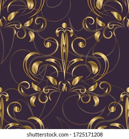 Patrón floral sin soldadura sobre un fondo violeta oscuro, adorno dorado damasco .Papel de pared vectorial
