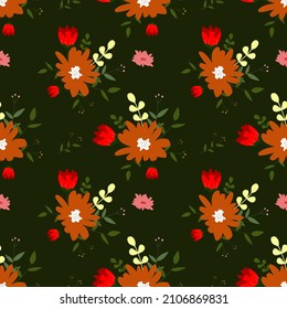 Seamless floral pattern on a dark green background.