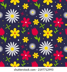 Seamless Floral Pattern On Dark Blue Background. Bright Primitivism And Modern Style.