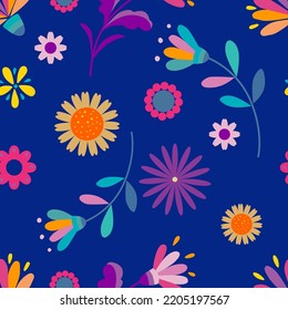 Seamless floral pattern on dark blue background vector illustration