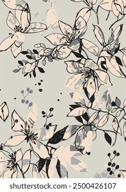 Seamless floral pattern on a dark background. Abstract composition of large wild rose flowers, leaves. Vector illustration.
