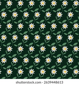 Seamless floral pattern on dark green background showcases white daisies with green stems and leaves.