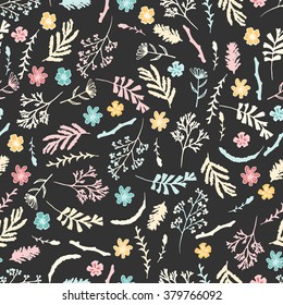 Seamless floral pattern on dark brown background. Yellow flowers and red berries. Wallpaper with hand drawn doodle elements