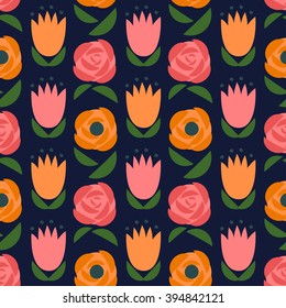 Patrón floral sin fisuras sobre fondo azul oscuro. Maravilloso fondo de flores de verano - tulipanes, rosas, mariposas, amapolas. Textura de flores decorativas. Diseño de tejidos y decoración.
