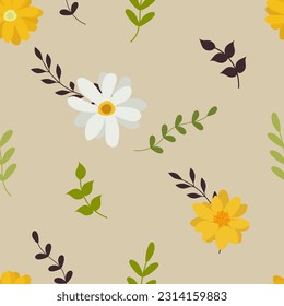 Seamless floral pattern on a dusty pink background. Yellow and white flowers, with green foliage. Gentle vector illustration eps 10.