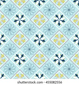 Seamless floral pattern on geometric background grid. Template for design in a classic style.